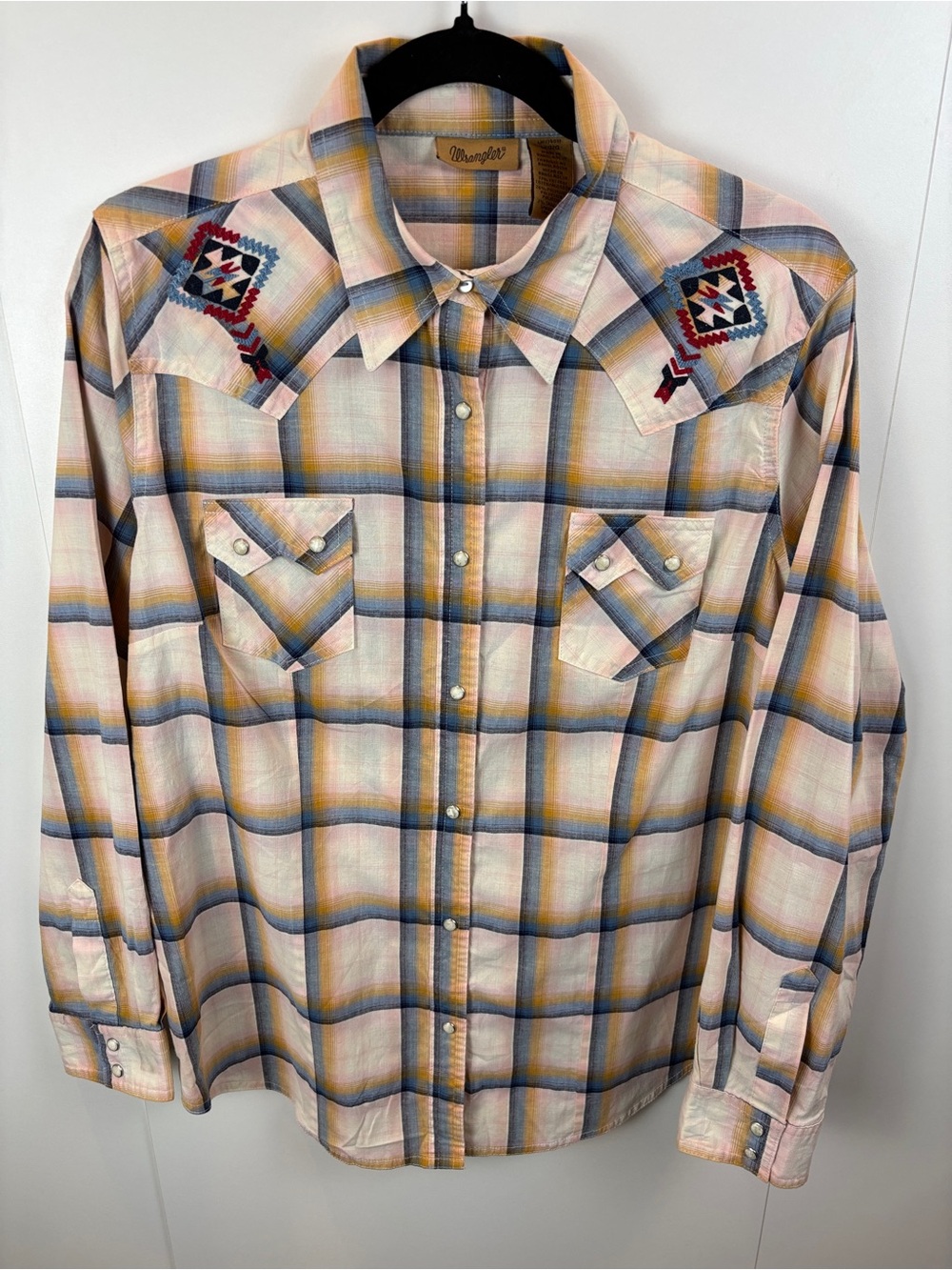 Wrangler Plaid Cowboy Shirt Southwestern Embroidery Pearl Snaps Men's L Retro